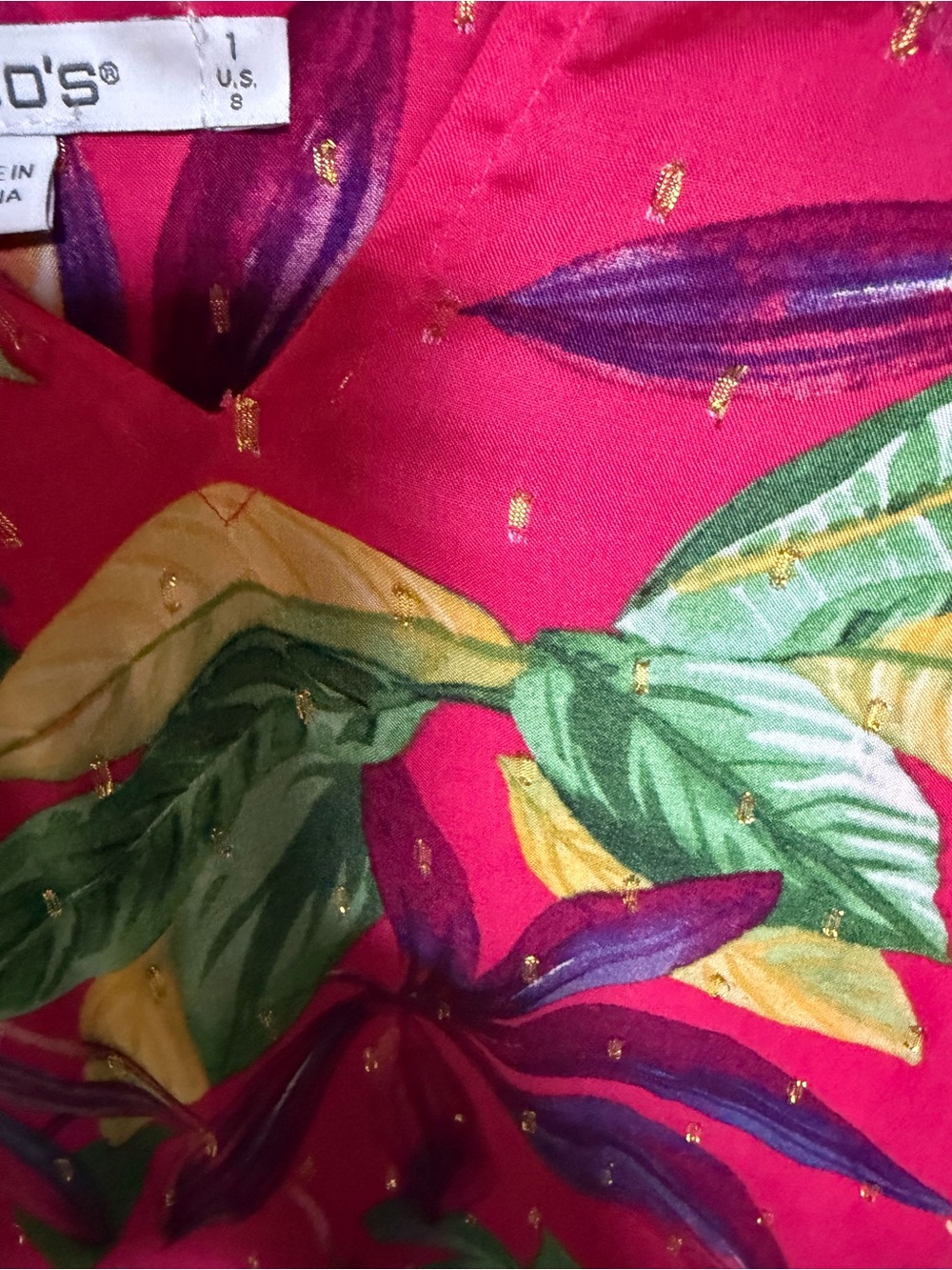 Chico's Fuchsia Tropical Leaf Tassel Blouse - Picture 11 of 12